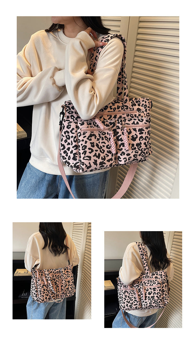 Leopard Print Corduroy Square Tote Bag For Women With Sewing Thread Detail And Single Shoulder Strap
