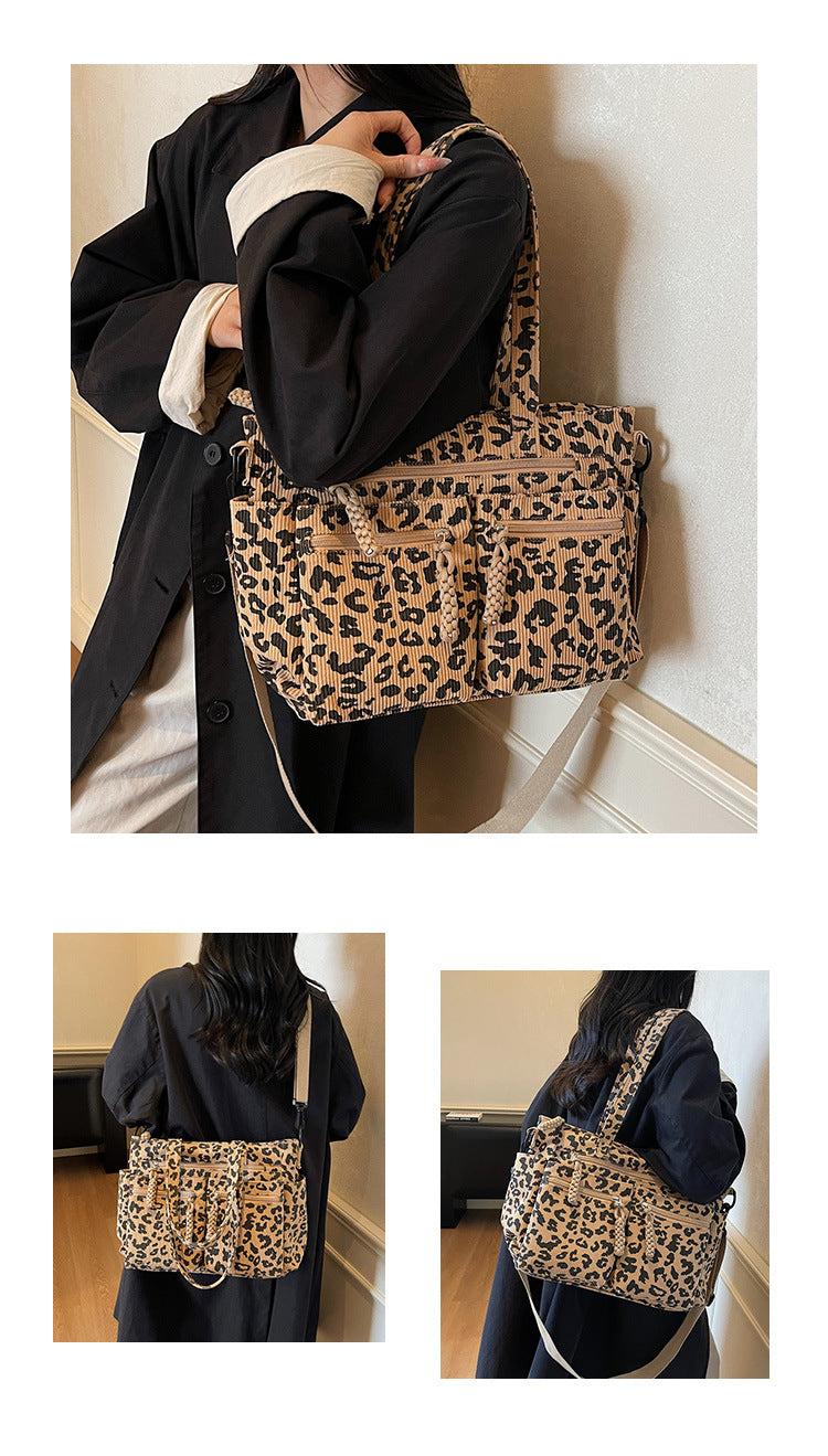 Leopard Print Corduroy Square Tote Bag For Women With Sewing Thread Detail And Single Shoulder Strap