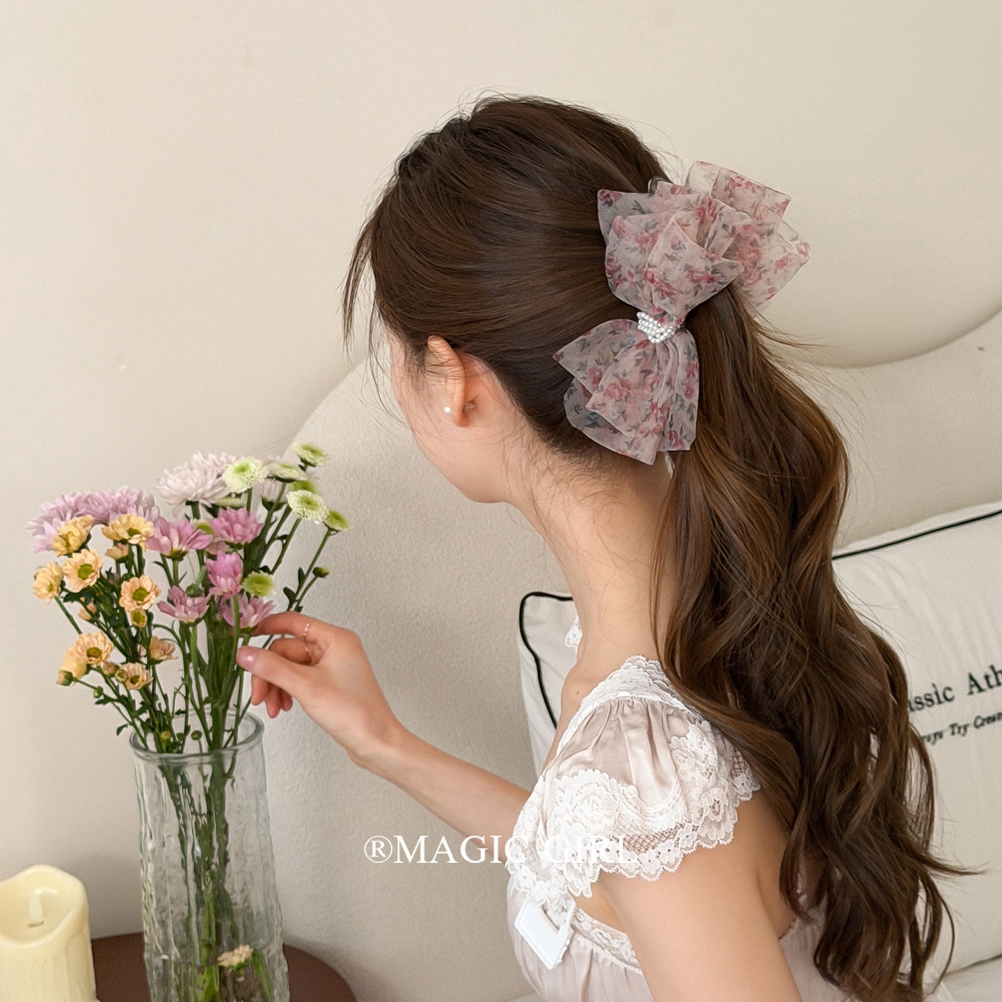 Ditsy Floral New Style Banana Clip Hairpin For Women In Gauze Material With Artificial Pearl, Perfect For Spring