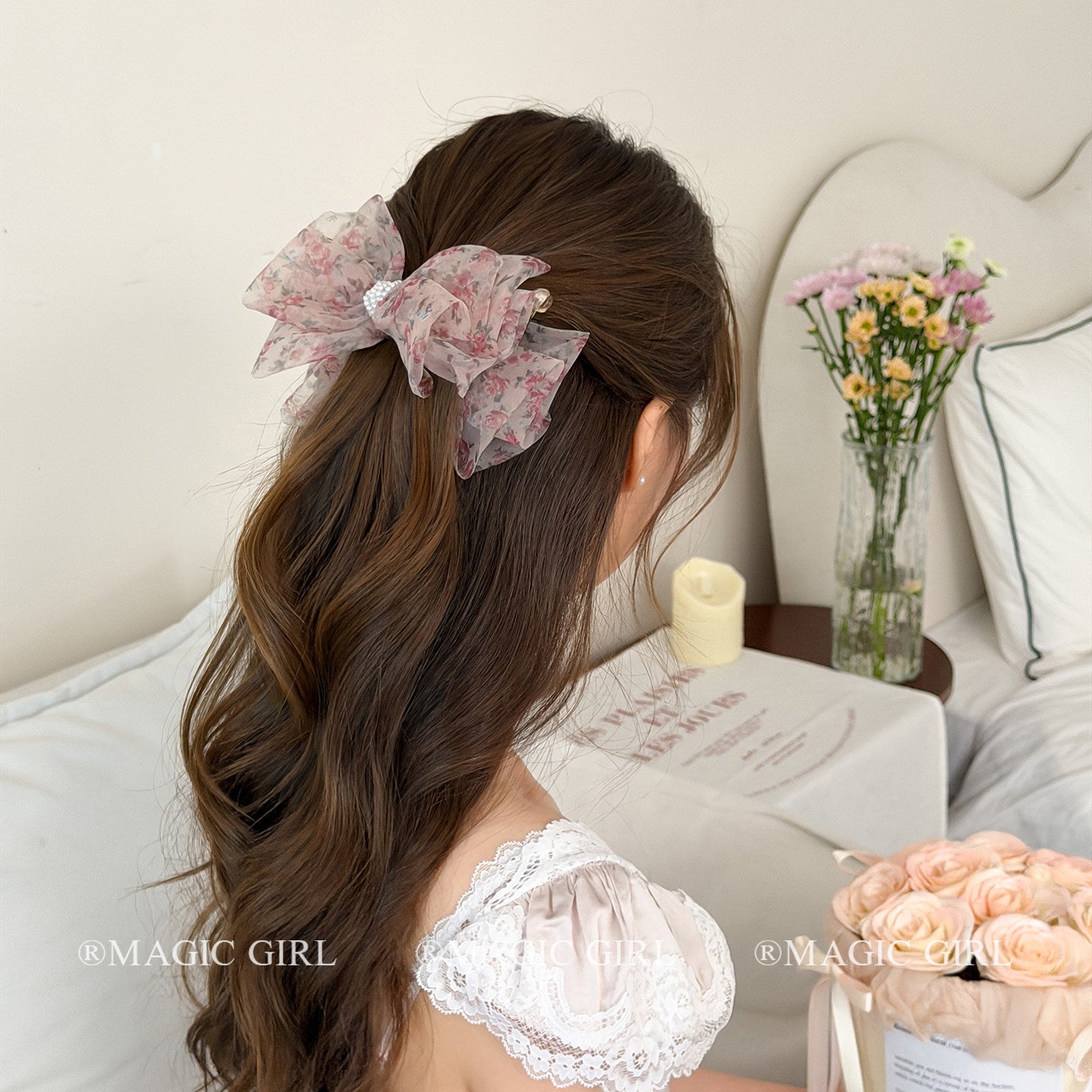 Ditsy Floral New Style Banana Clip Hairpin For Women In Gauze Material With Artificial Pearl, Perfect For Spring