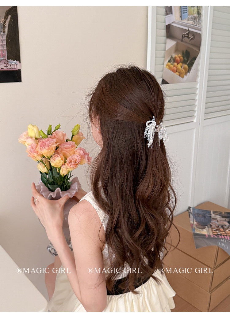 Fairy Style Bow Tie Hair Claws For Women With Imitation Pearl Material Hairpin