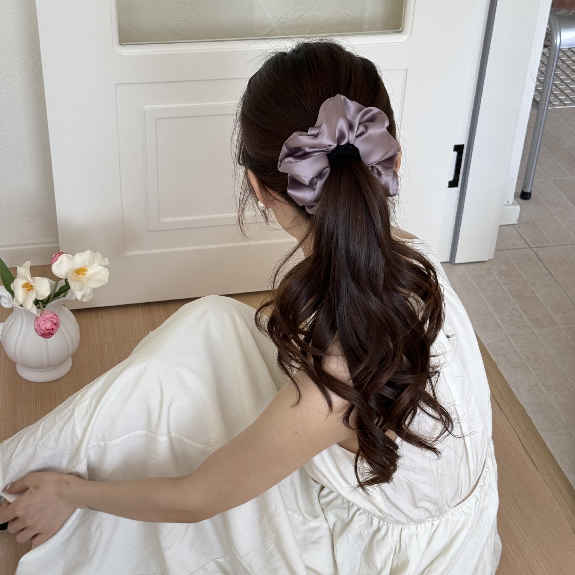 New Style Geometric Satin Scrunchie For Women In Natural Pink, Perfect Winter Hair Accessory