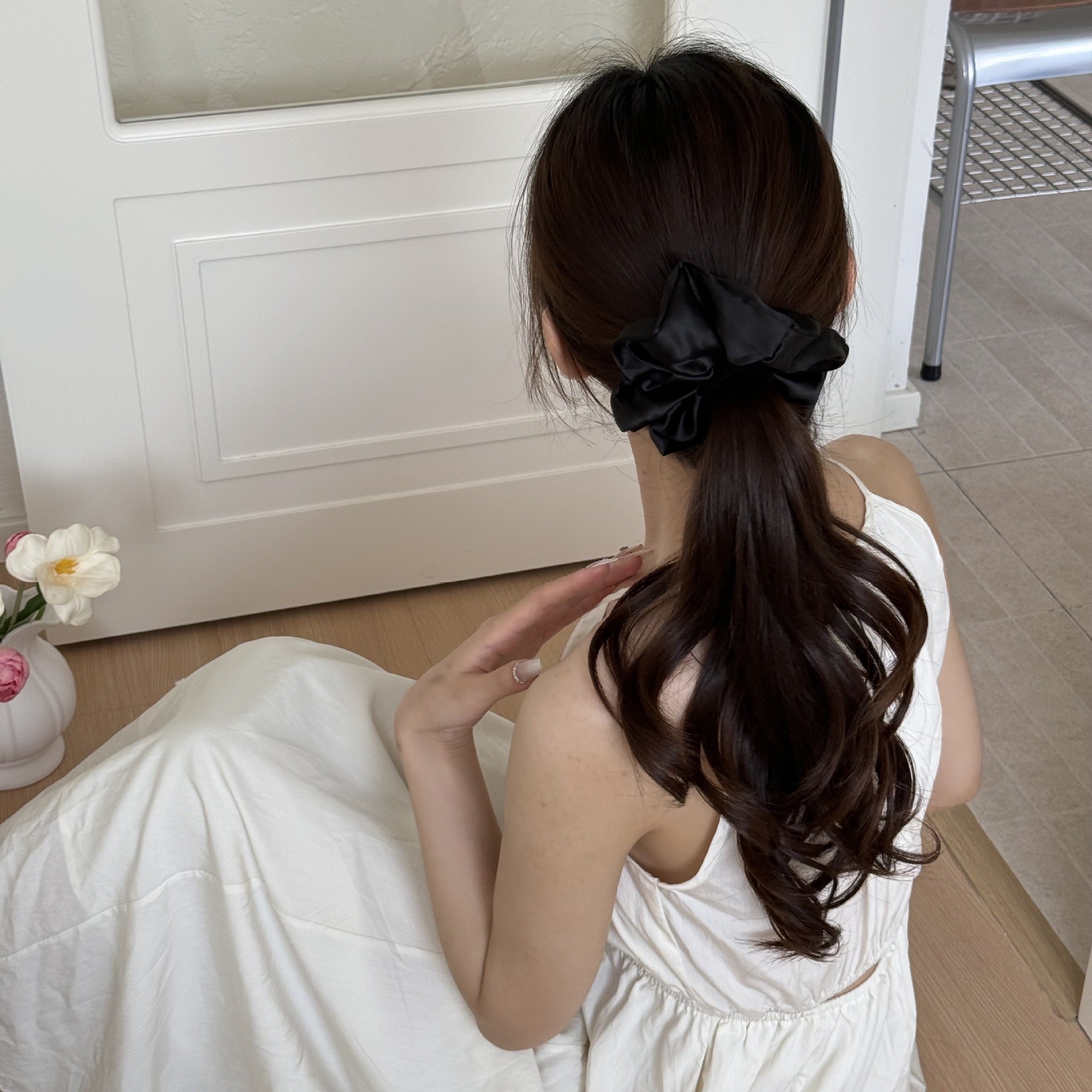 New Style Geometric Satin Scrunchie For Women In Natural Pink, Perfect Winter Hair Accessory