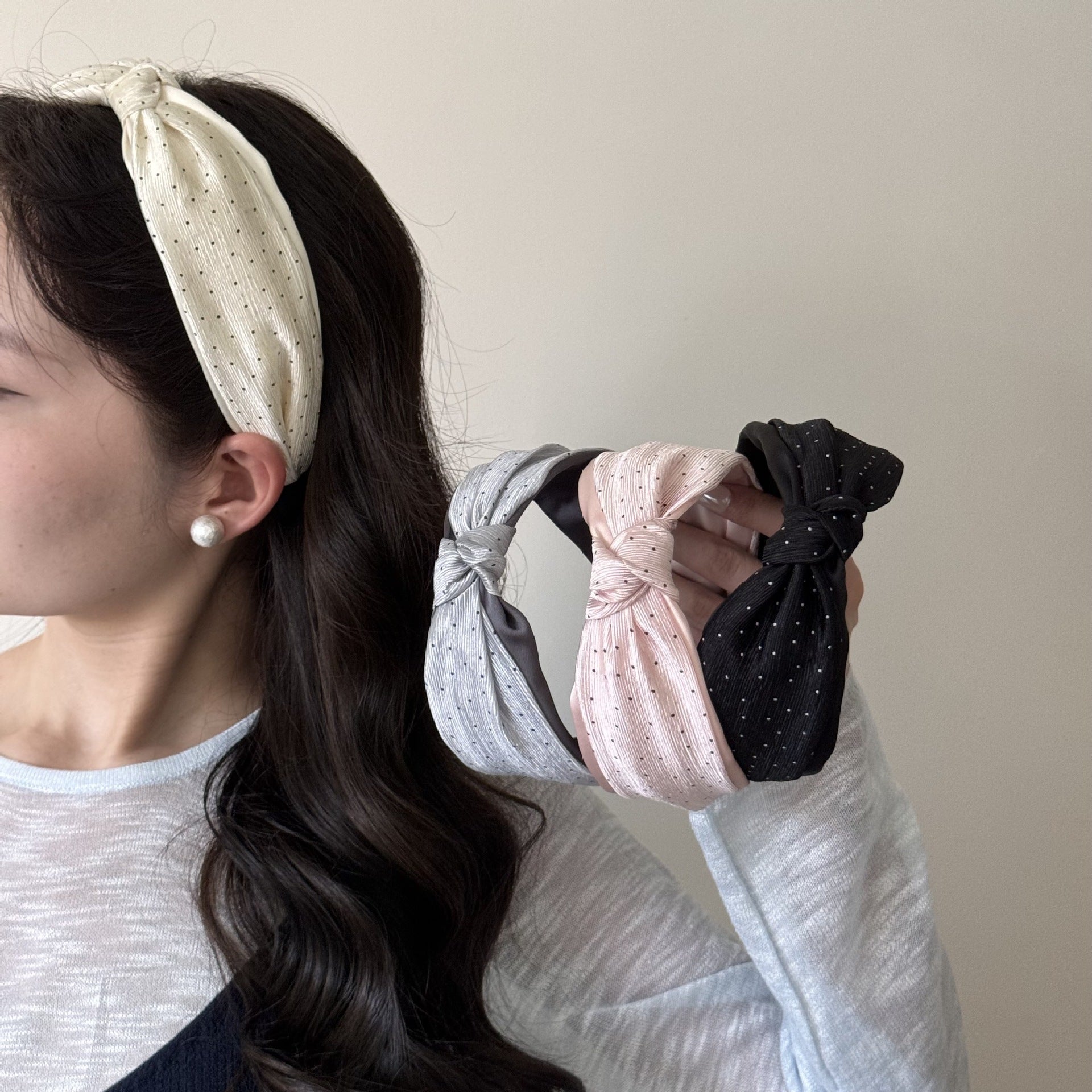 Modern Style Polka Dots Hair Band For Women In Natural Pink, Cotton Material, Perfect For Summer