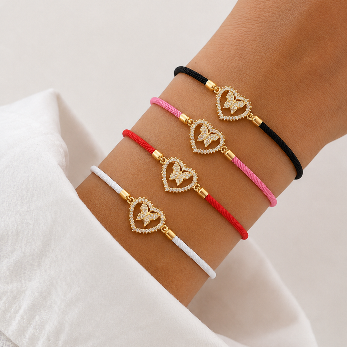 Elegant Heart Shape Braid Drawstring Bracelet For Women In White Nylon With Zircon Inlay On Cord String