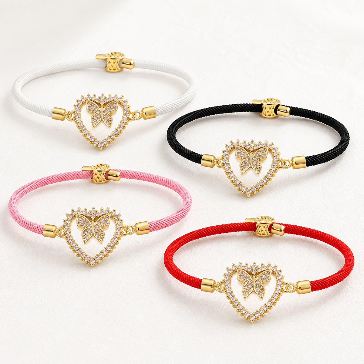 Elegant Heart Shape Braid Drawstring Bracelet For Women In White Nylon With Zircon Inlay On Cord String