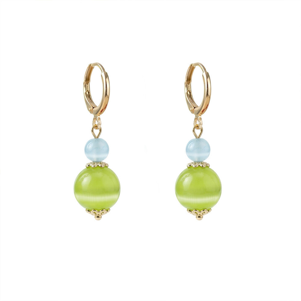 Color Block Earrings For Women Featuring Green Cat's Eye Stone With Copper Ear Pins