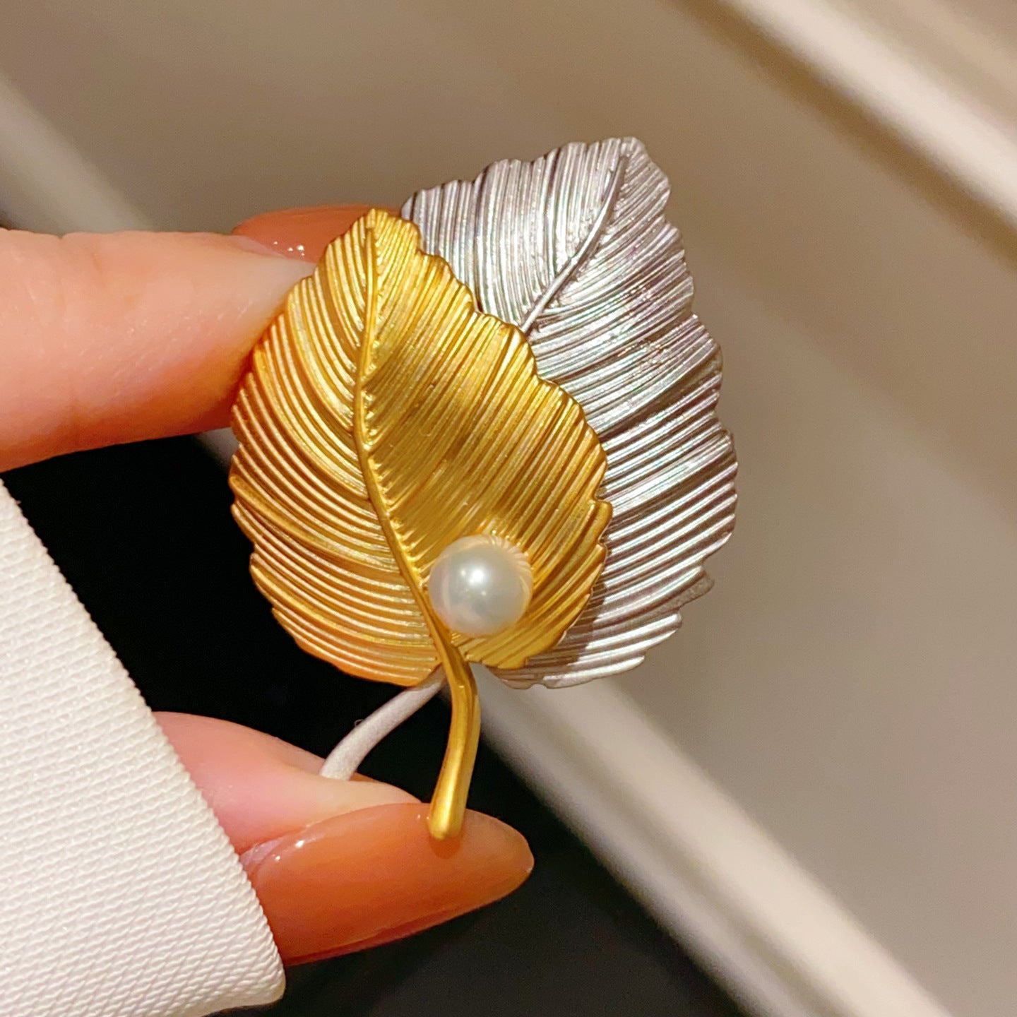 Leaves Pin In Copper With Diamond Craftwork, Available In Gold