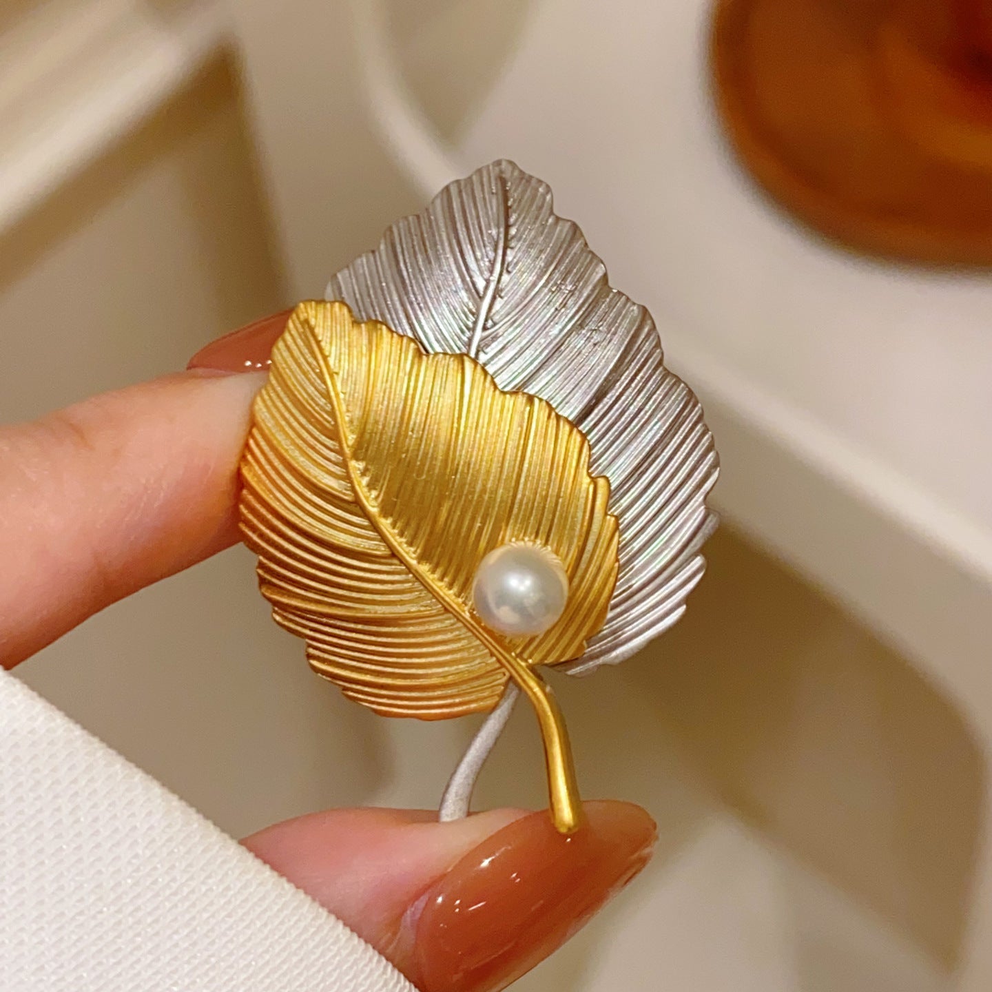 Leaves Pin In Copper With Diamond Craftwork, Available In Gold