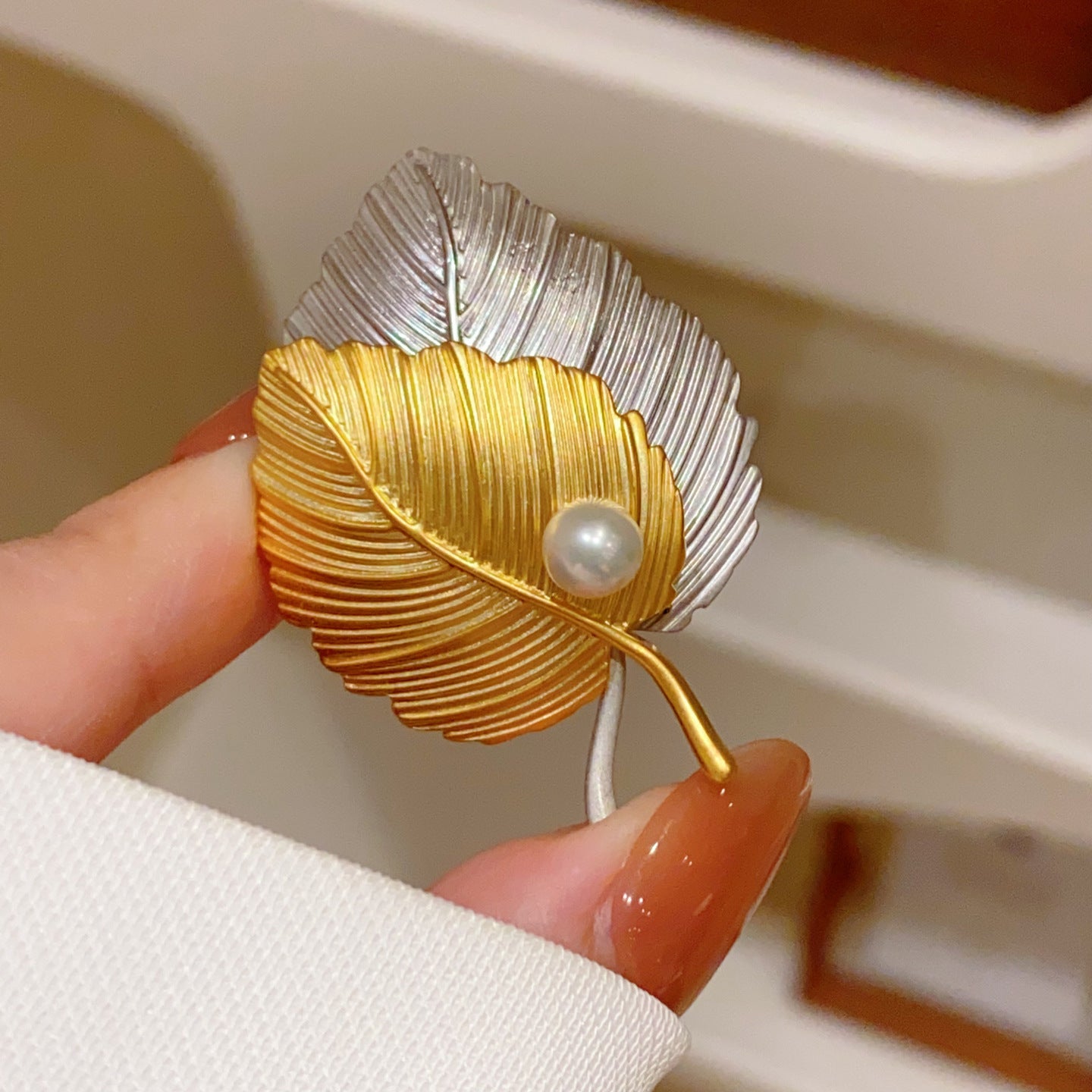 Leaves Pin In Copper With Diamond Craftwork, Available In Gold