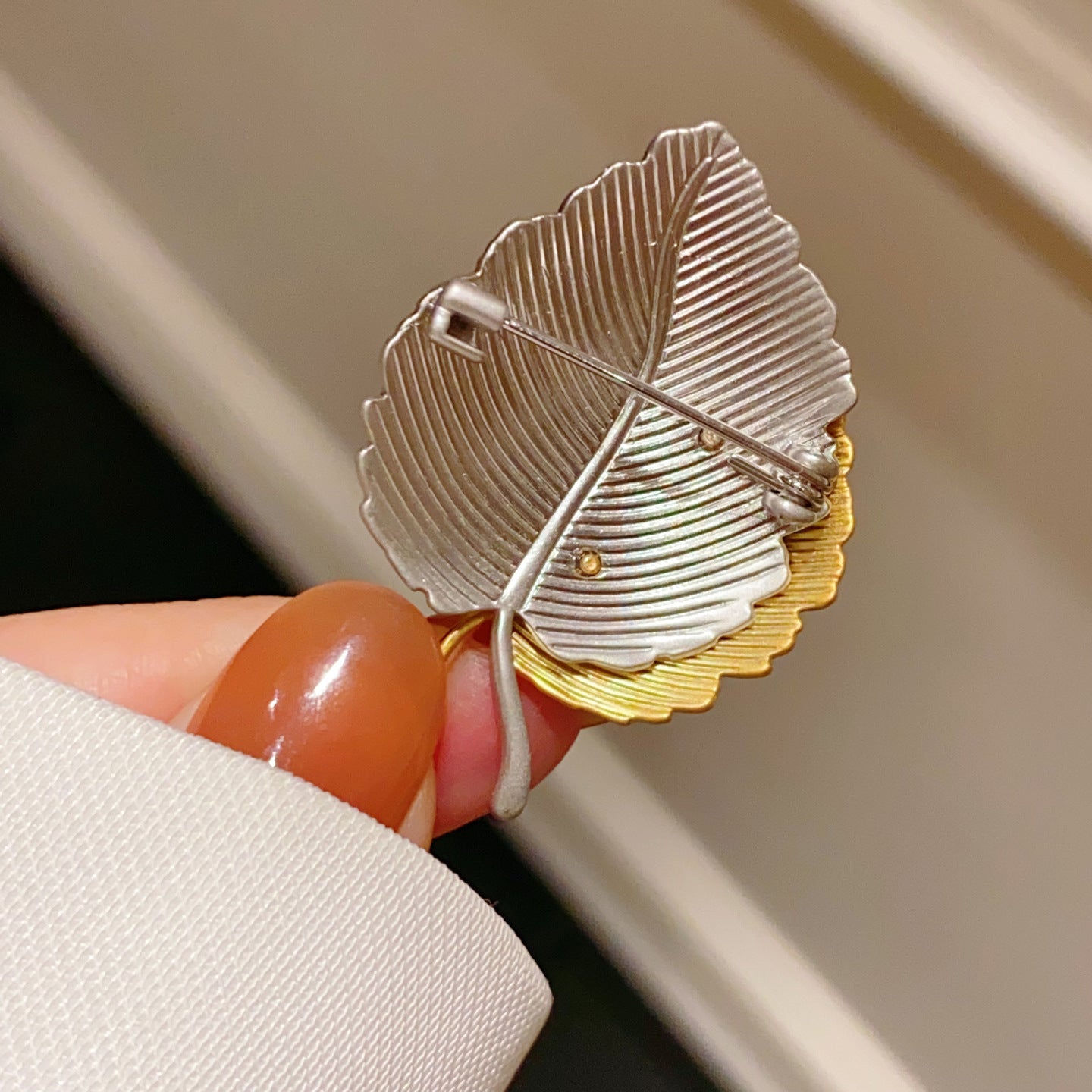 Leaves Pin In Copper With Diamond Craftwork, Available In Gold