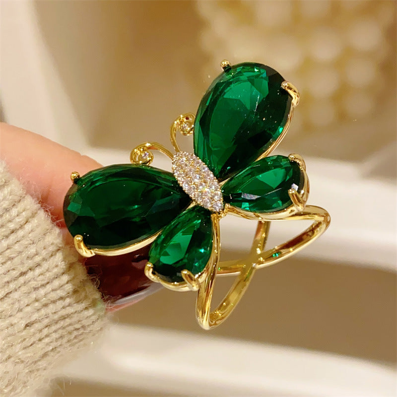 Butterfly Scarf Ring For Women In Copper Featuring May Birthstone Emerald Accent