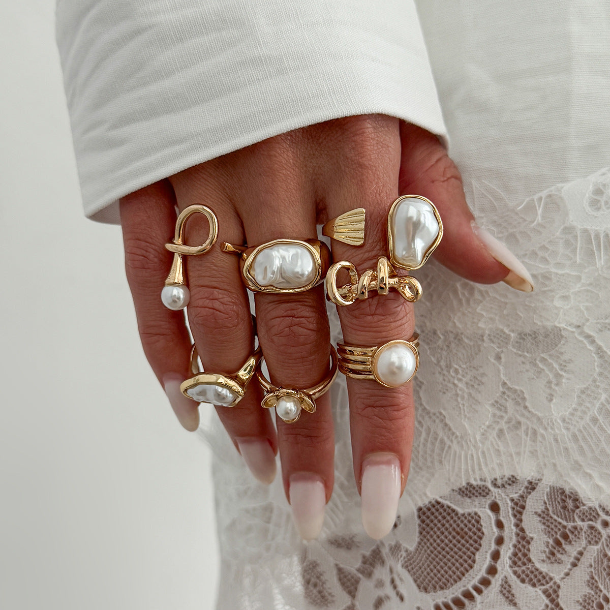 Oval Baroque Style Open Rings For Women In Gold Featuring Baroque Pearl Inlay, Zinc Alloy, 8 Pieces Set