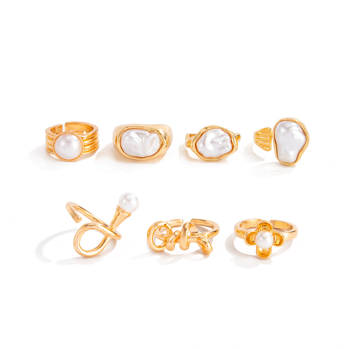 Oval Baroque Style Open Rings For Women In Gold Featuring Baroque Pearl Inlay, Zinc Alloy, 8 Pieces Set