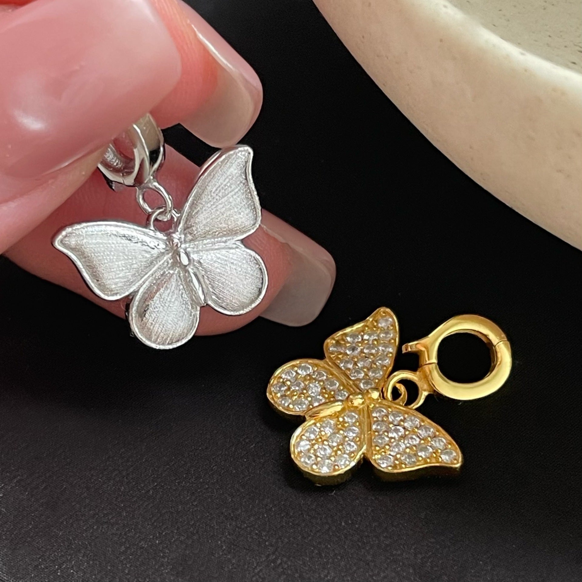 Elegant Butterfly Pendant In 925 Sterling Silver With Electroplated Gold Plating And Brushed Finish Featuring Artificial Rhinestones