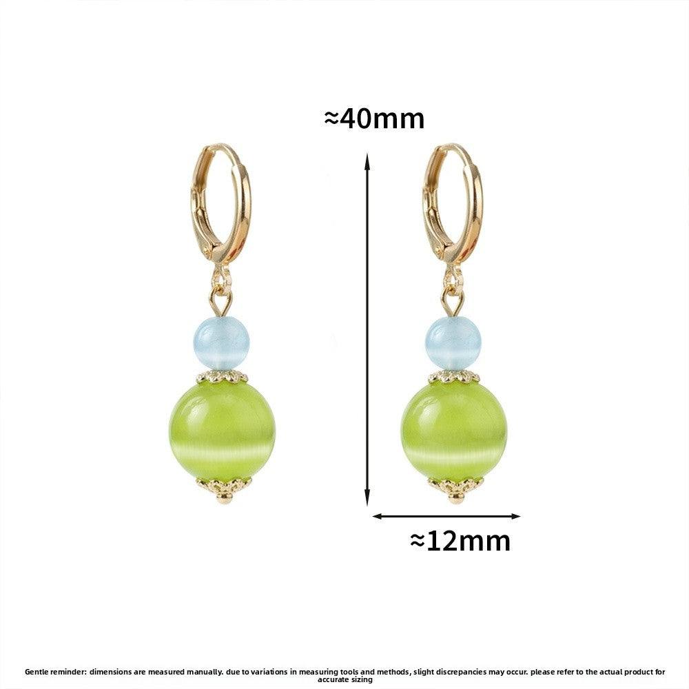 Color Block Earrings For Women Featuring Green Cat's Eye Stone With Copper Ear Pins