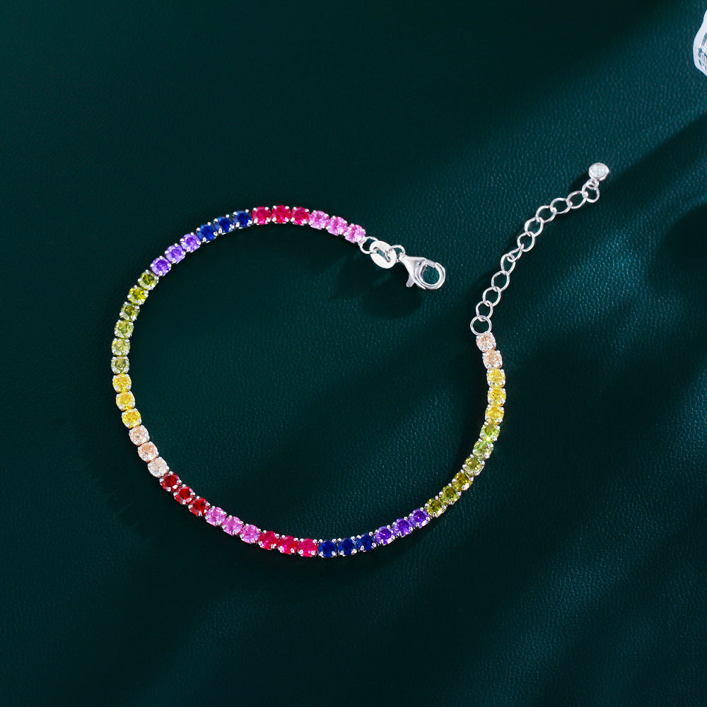 Geometric 925 Sterling Silver Tennis Chain Bracelet For Women In Rainbow Color