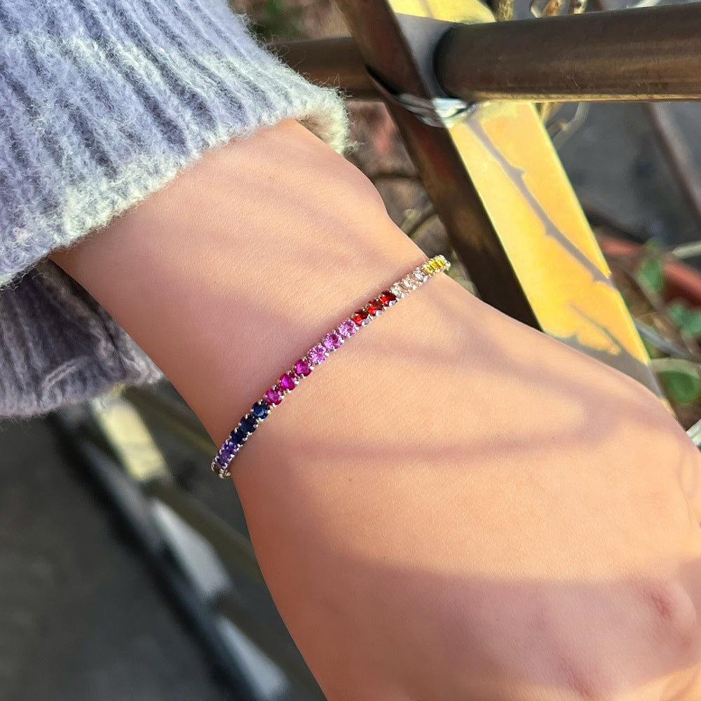 Geometric 925 Sterling Silver Tennis Chain Bracelet For Women In Rainbow Color