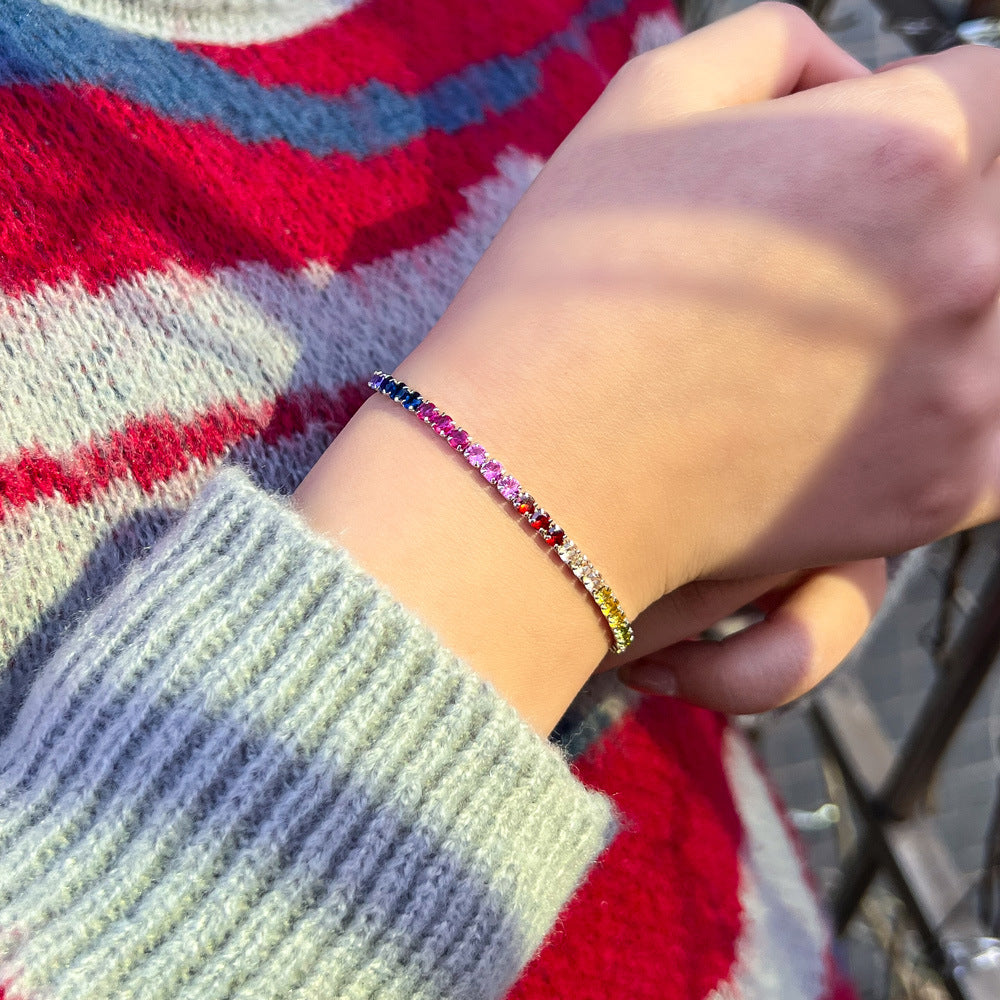 Geometric 925 Sterling Silver Tennis Chain Bracelet For Women In Rainbow Color