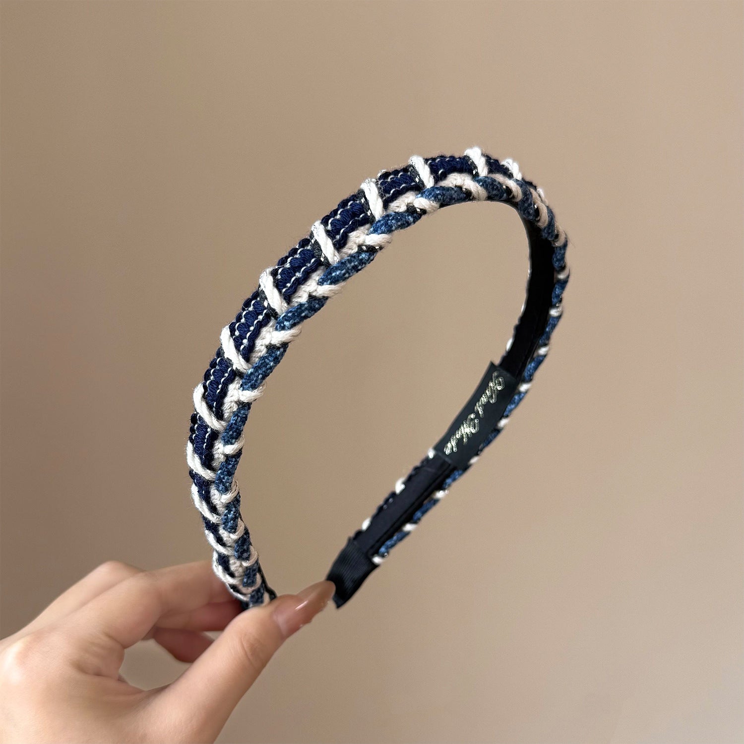Cowboy Style Splicing Hair Band For Women In Blue, Made Of Wool Yarn, Perfect For Summer