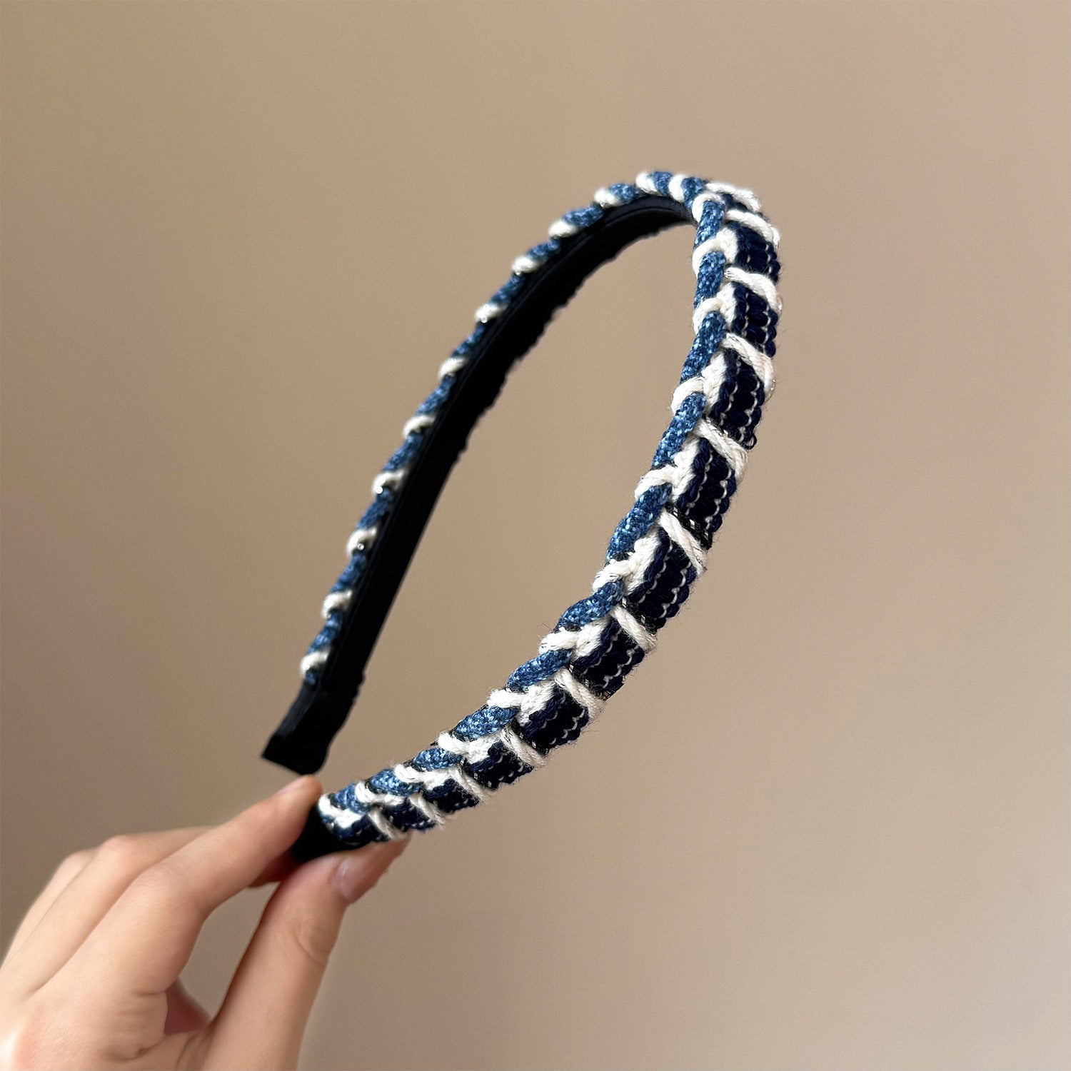 Cowboy Style Splicing Hair Band For Women In Blue, Made Of Wool Yarn, Perfect For Summer