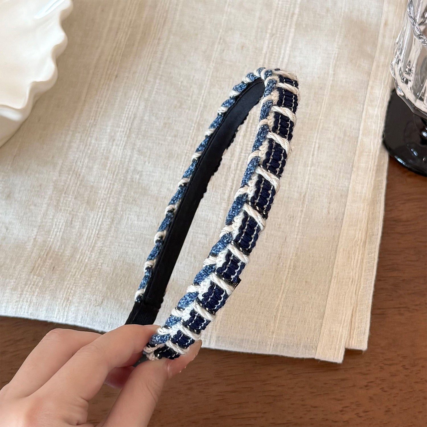 Cowboy Style Splicing Hair Band For Women In Blue, Made Of Wool Yarn, Perfect For Summer