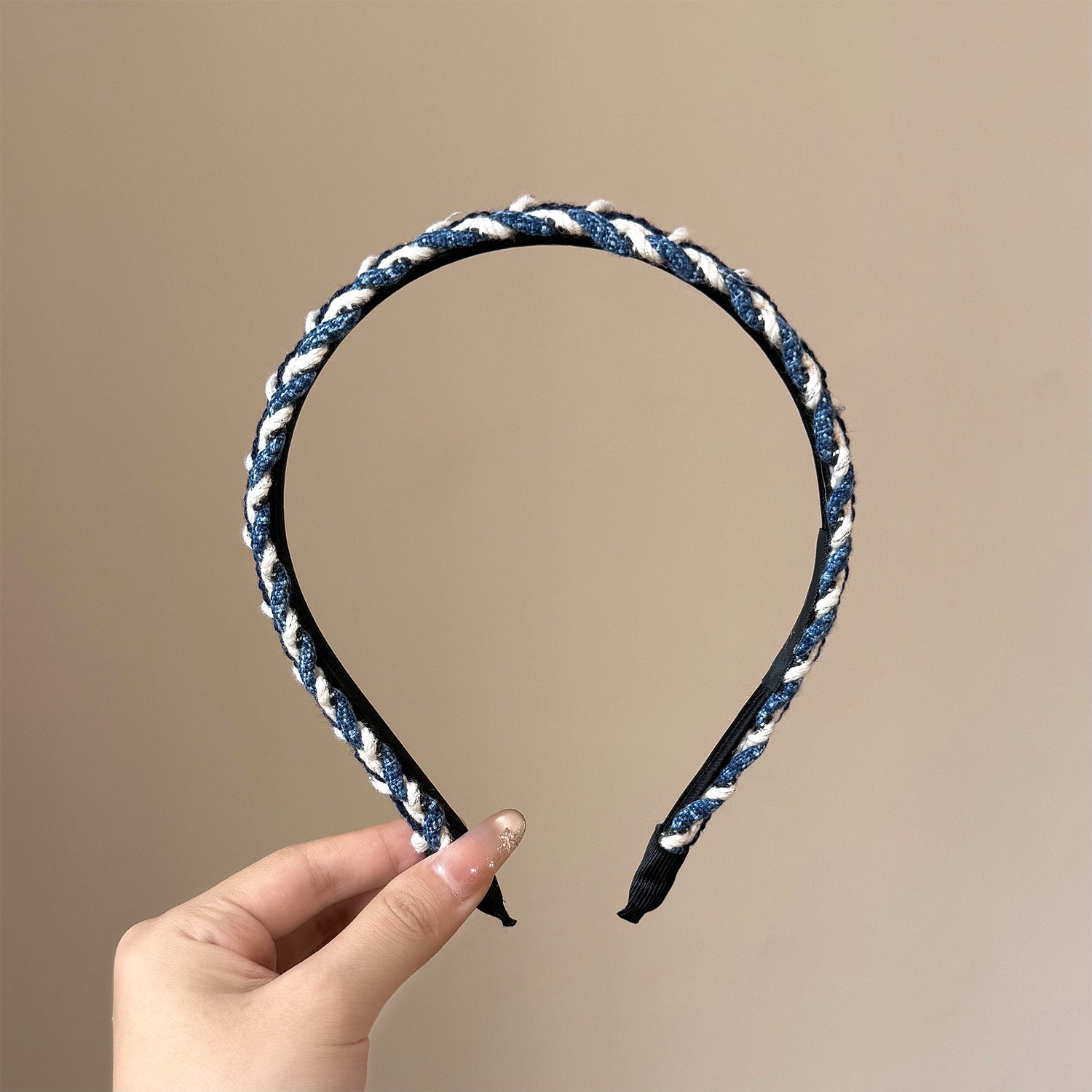Cowboy Style Splicing Hair Band For Women In Blue, Made Of Wool Yarn, Perfect For Summer