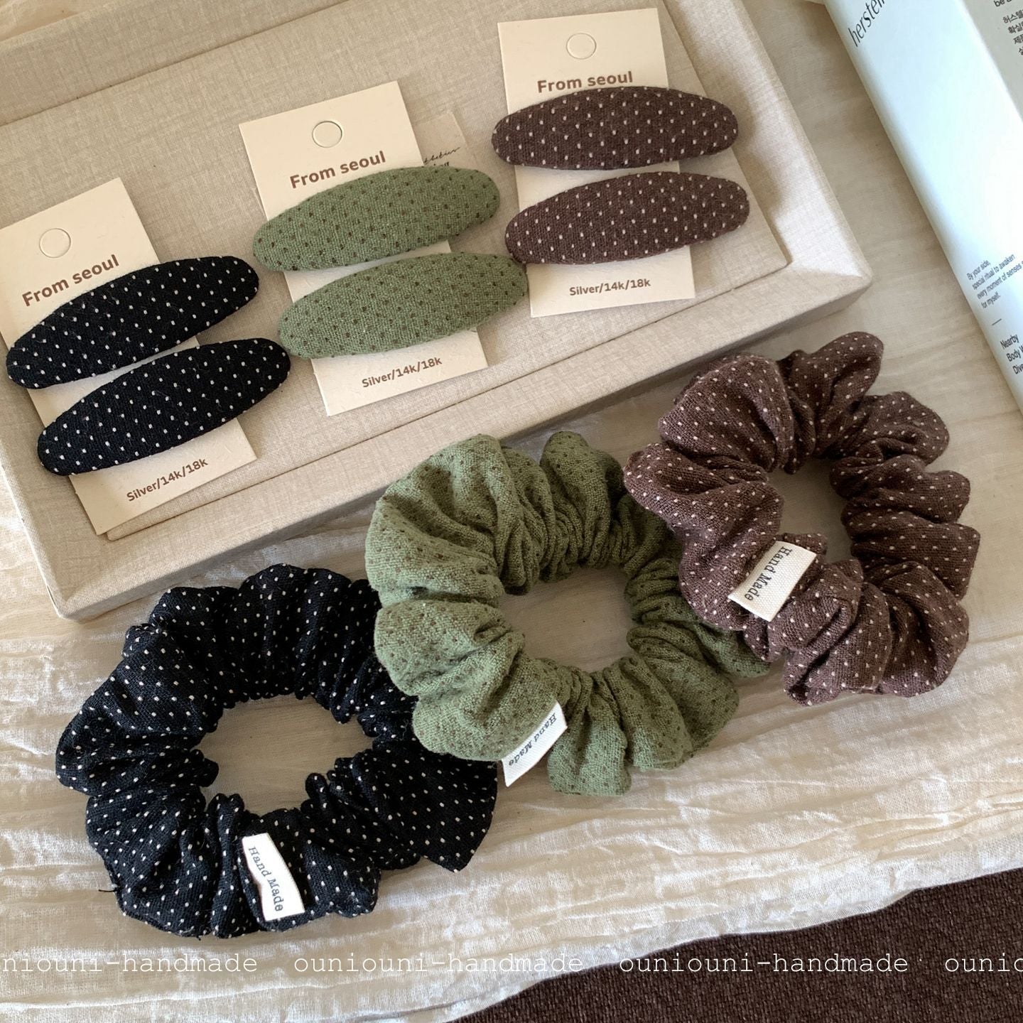 New Style Polka Dots Cotton Scrunchie Hairpin In Green For Autumn