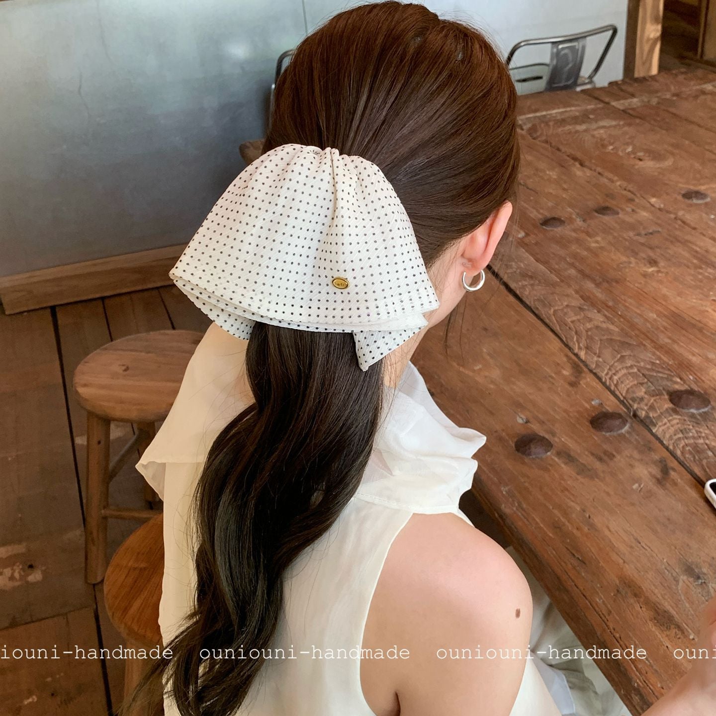 French Style Polka Dots Hair Claw In White Chiffon, Summer Hairpin Accessory