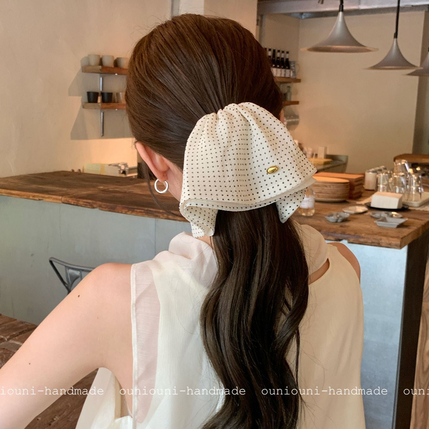 French Style Polka Dots Hair Claw In White Chiffon, Summer Hairpin Accessory