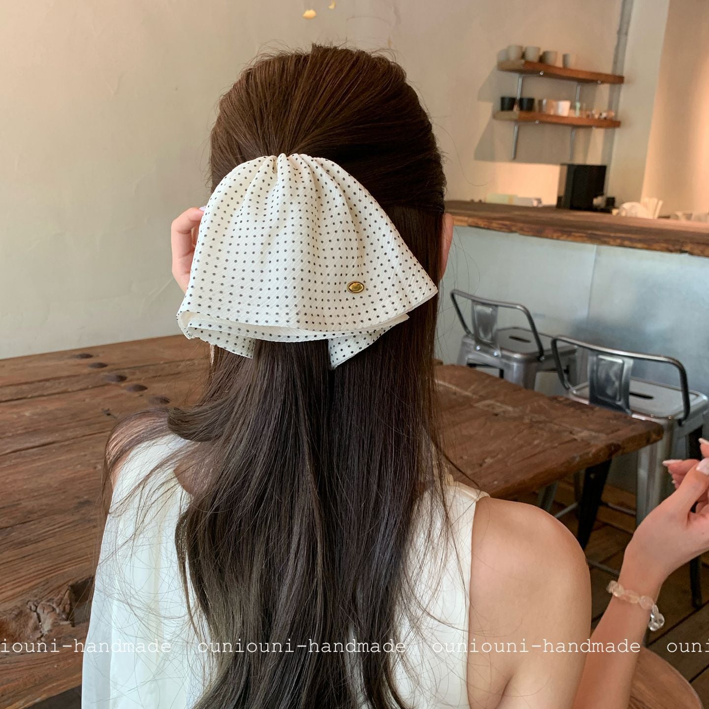 French Style Polka Dots Hair Claw In White Chiffon, Summer Hairpin Accessory
