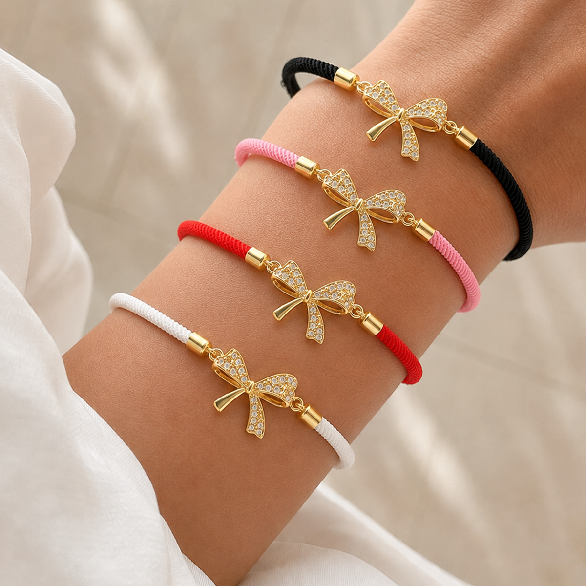Elegant White Nylon Bow Tie Drawstring Bracelet For Women With Zircon Inlay And Cord String Chain