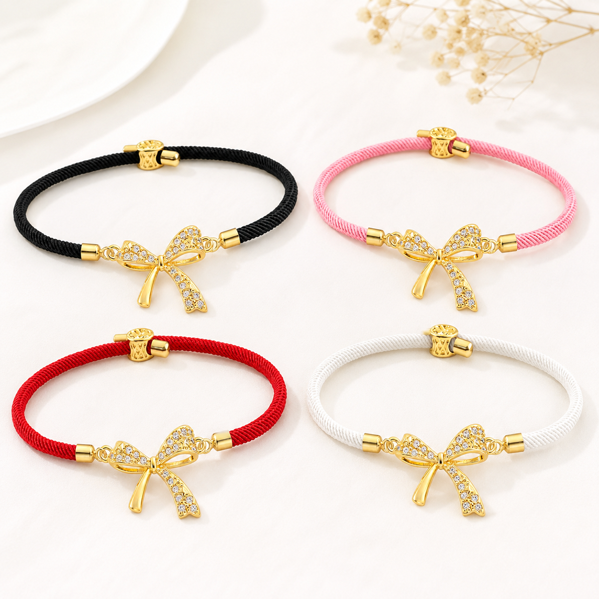Elegant White Nylon Bow Tie Drawstring Bracelet For Women With Zircon Inlay And Cord String Chain