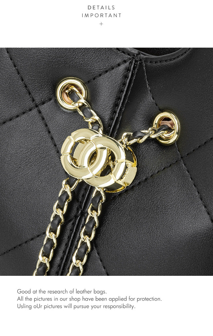 Lingge Genuine Leather Bucket Bag For Women Featuring Chain Strap Stylish And Elegant Handbag