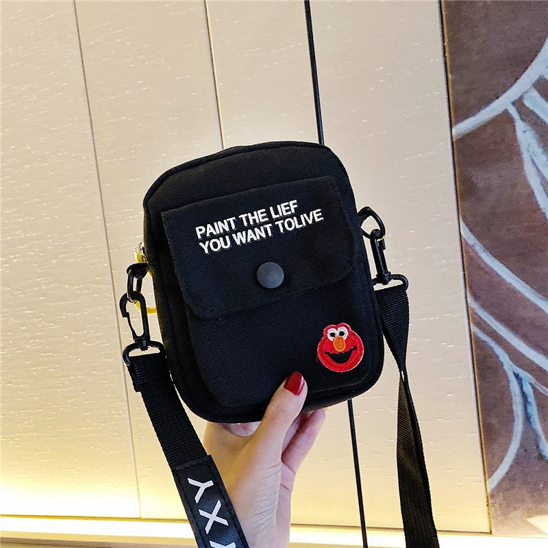 Cartoon Square Canvas Crossbody Bag For Women With Sewing Thread Detail And Sling Strap
