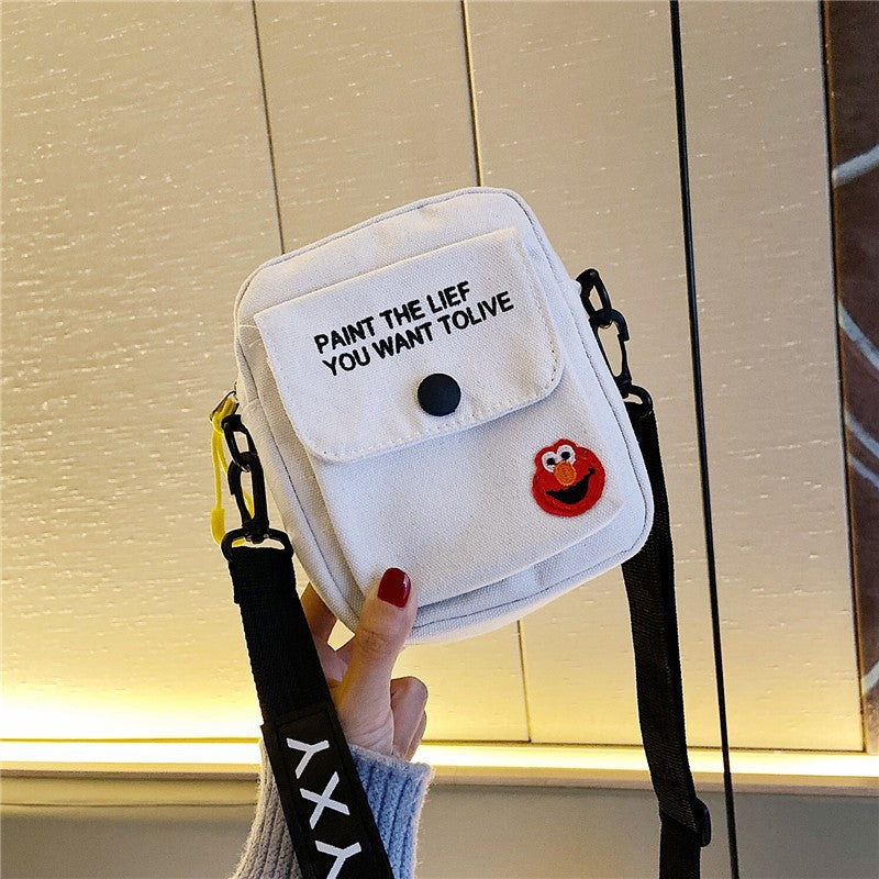Cartoon Square Canvas Crossbody Bag For Women With Sewing Thread Detail And Sling Strap
