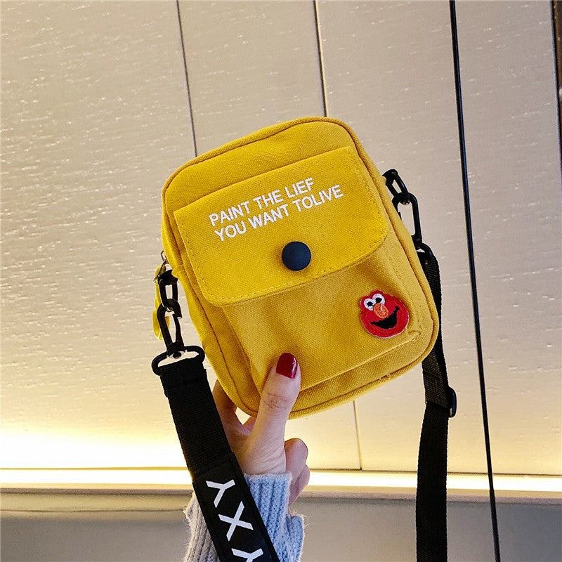 Cartoon Square Canvas Crossbody Bag For Women With Sewing Thread Detail And Sling Strap