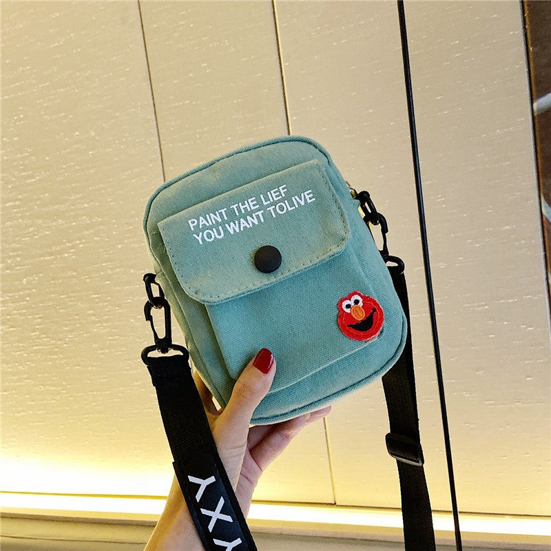 Cartoon Square Canvas Crossbody Bag For Women With Sewing Thread Detail And Sling Strap