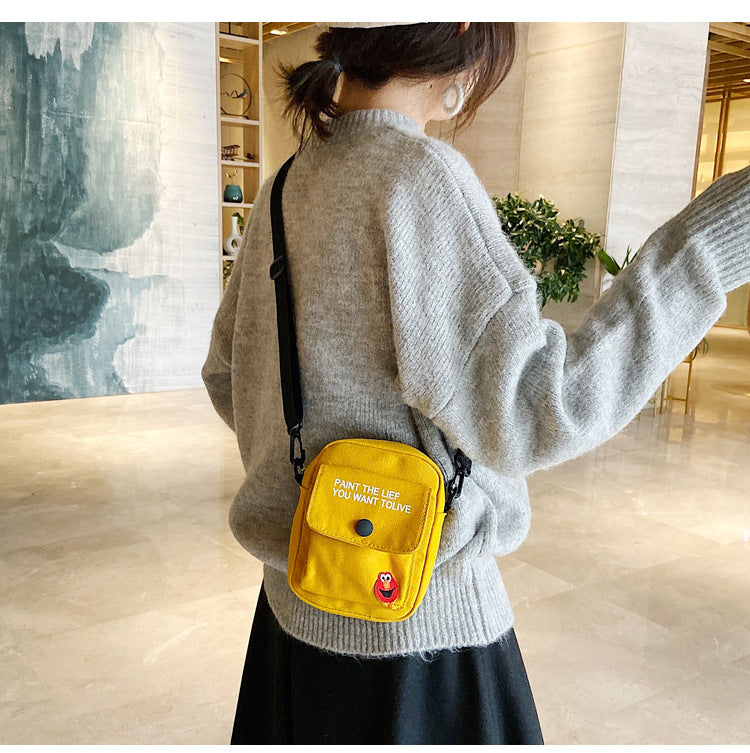 Cartoon Square Canvas Crossbody Bag For Women With Sewing Thread Detail And Sling Strap
