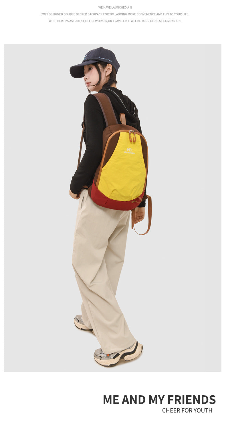 Color Block Nylon School Backpack With Sewing Thread Detail, Outdoor Casual Backpack For  Spring And Summer