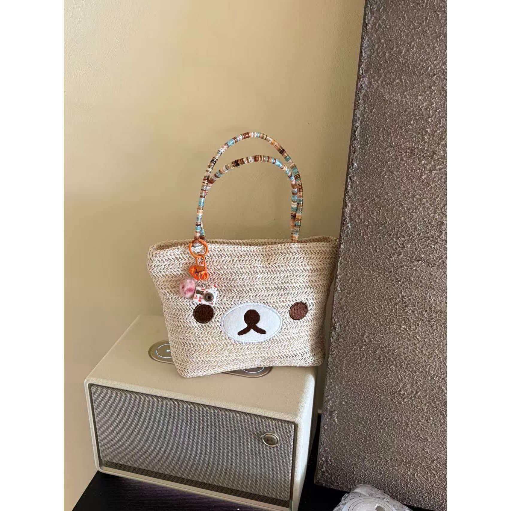 Little Bear Embroidered Straw Bag For Women With Top Handle, Portable Design, Perfect For Spring & Summer