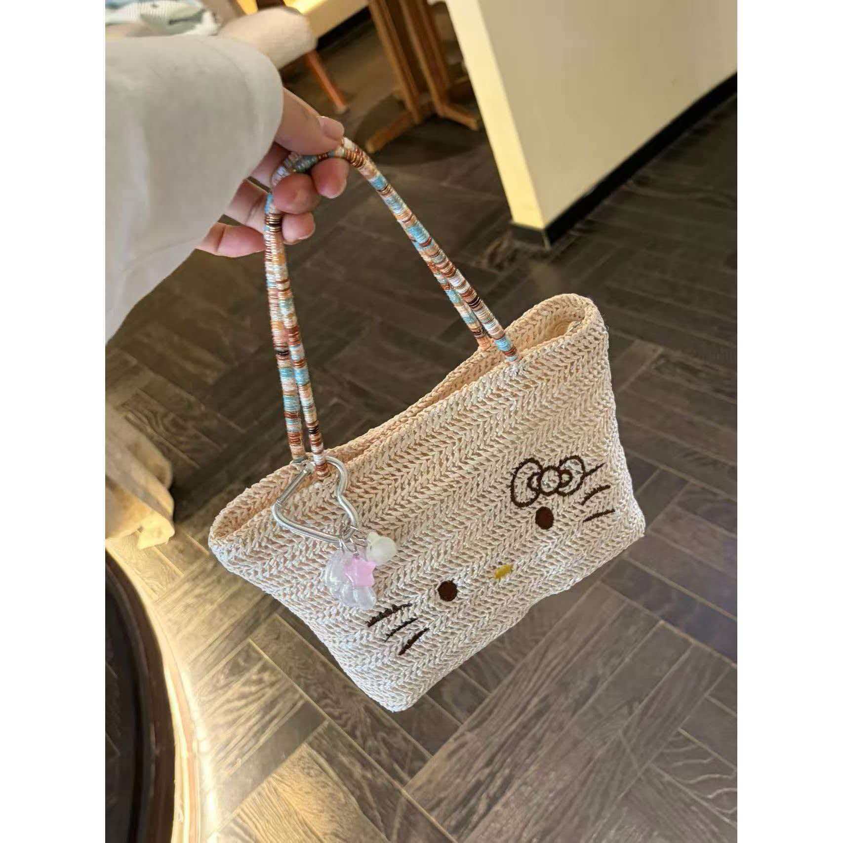 Little Bear Embroidered Straw Bag For Women With Top Handle, Portable Design, Perfect For Spring & Summer