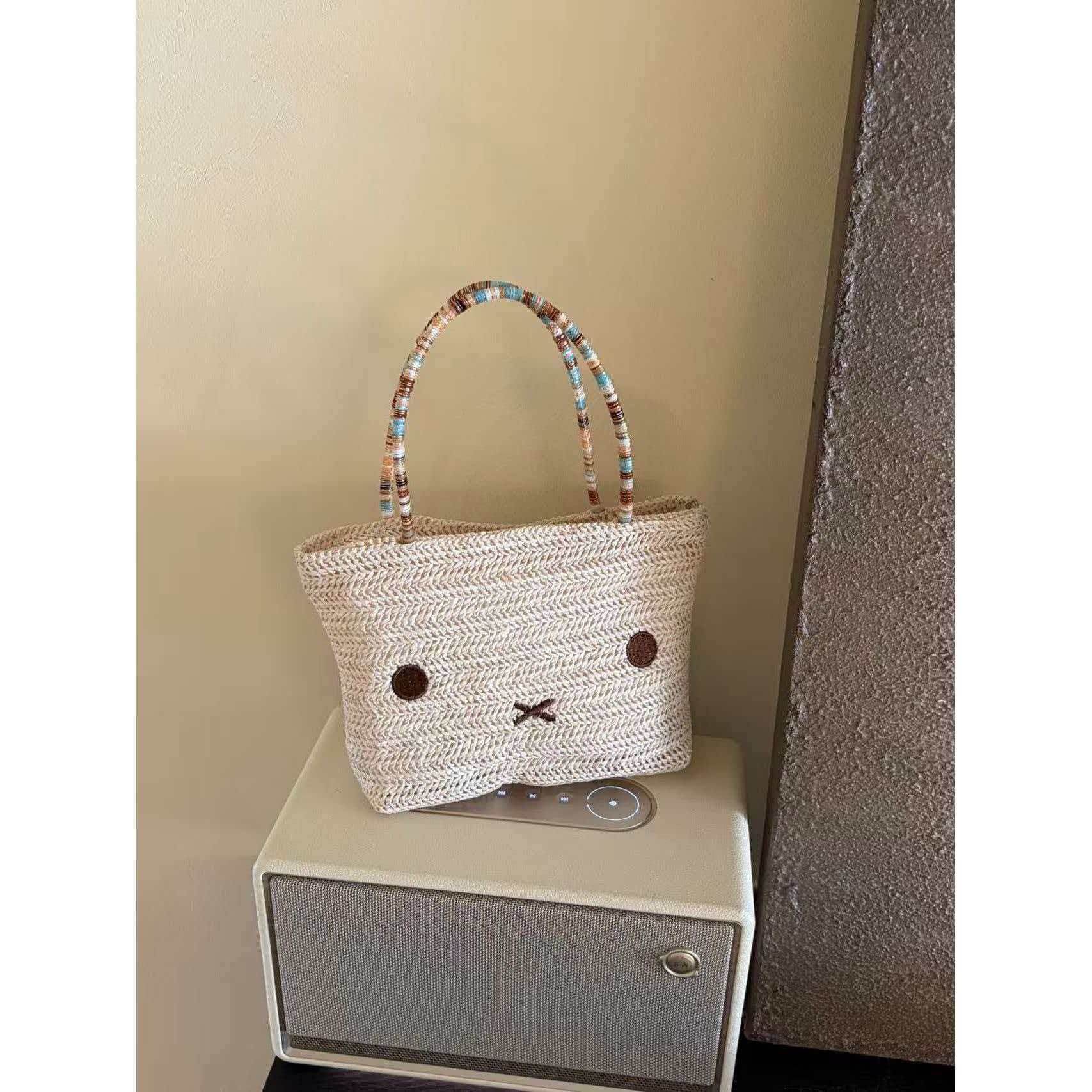 Little Bear Embroidered Straw Bag For Women With Top Handle, Portable Design, Perfect For Spring & Summer