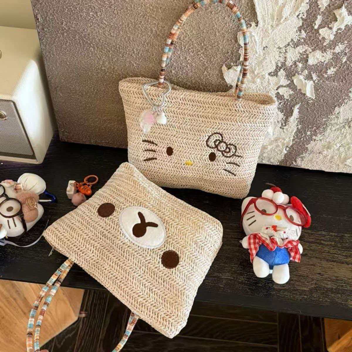 Little Bear Embroidered Straw Bag For Women With Top Handle, Portable Design, Perfect For Spring & Summer