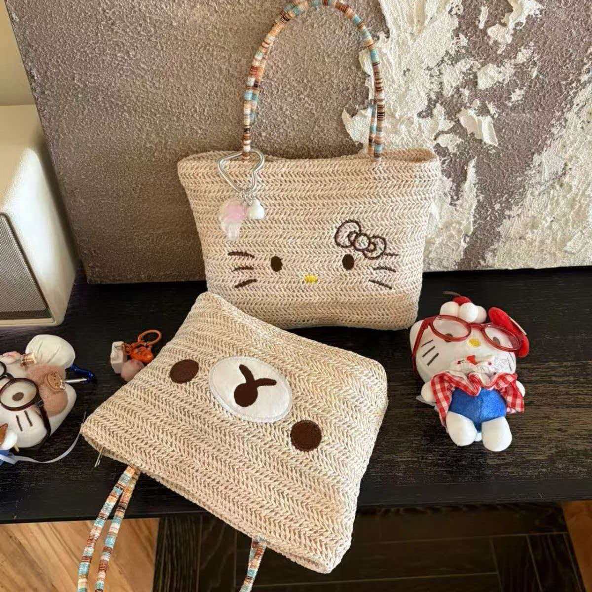 Little Bear Embroidered Straw Bag For Women With Top Handle, Portable Design, Perfect For Spring & Summer