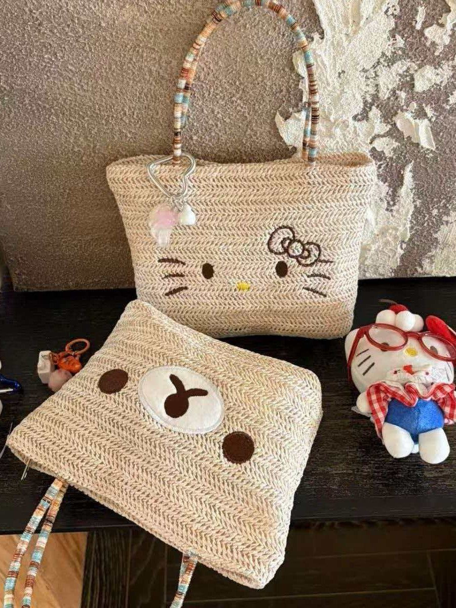 Little Bear Embroidered Straw Bag For Women With Top Handle, Portable Design, Perfect For Spring & Summer