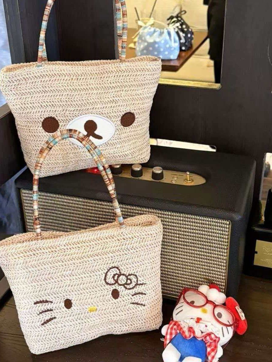 Little Bear Embroidered Straw Bag For Women With Top Handle, Portable Design, Perfect For Spring & Summer
