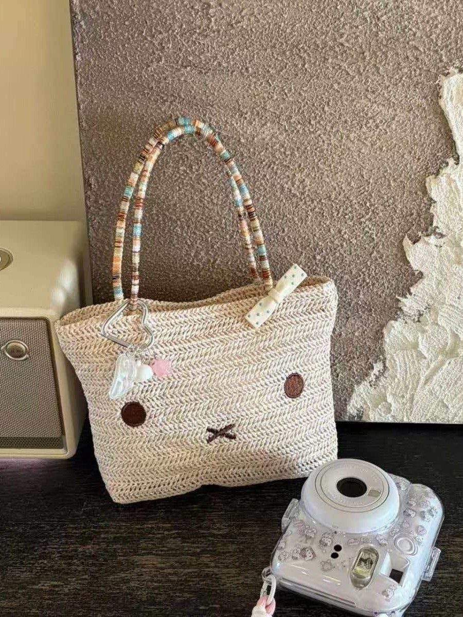 Little Bear Embroidered Straw Bag For Women With Top Handle, Portable Design, Perfect For Spring & Summer