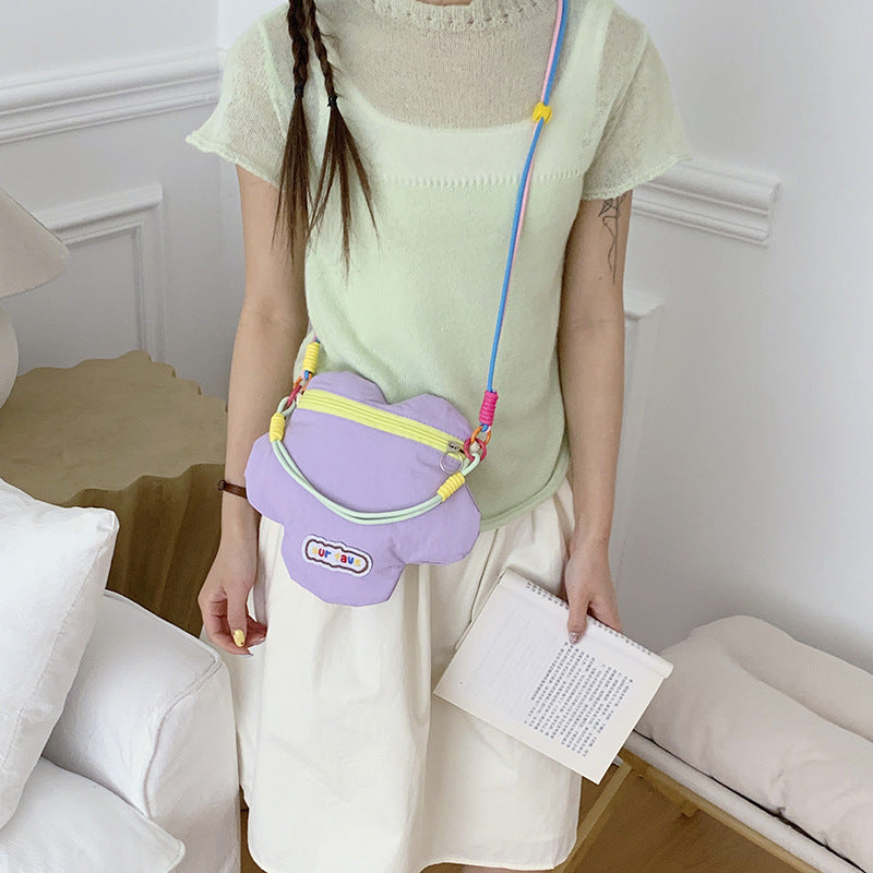 Cartoon Round Nylon Crossbody Bag With Floral Design, Single Shoulder Strap, Perfect For Summer