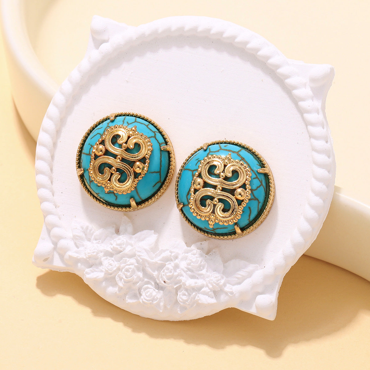 Handmade Round Brown Earrings For Women Featuring Natural Stone Inlay With 18K Real Gold Plated Finish, 1 Pair